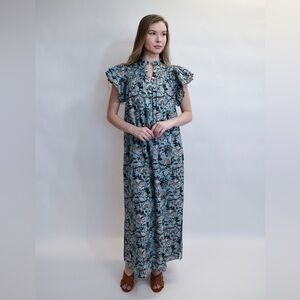 Never A Wallflower Smocked Dress Floral Blue Block Print Size Medium Retail $354